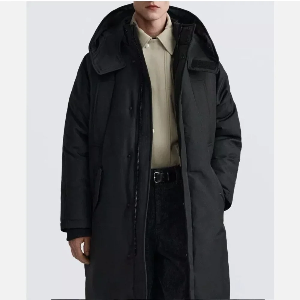 MEN Zara Charcoal Grey Black Quilted Parka With Detachable Hood Coat Size L NWT - Picture 1 of 13